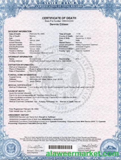 USA state Utah death certificate template in PSD format